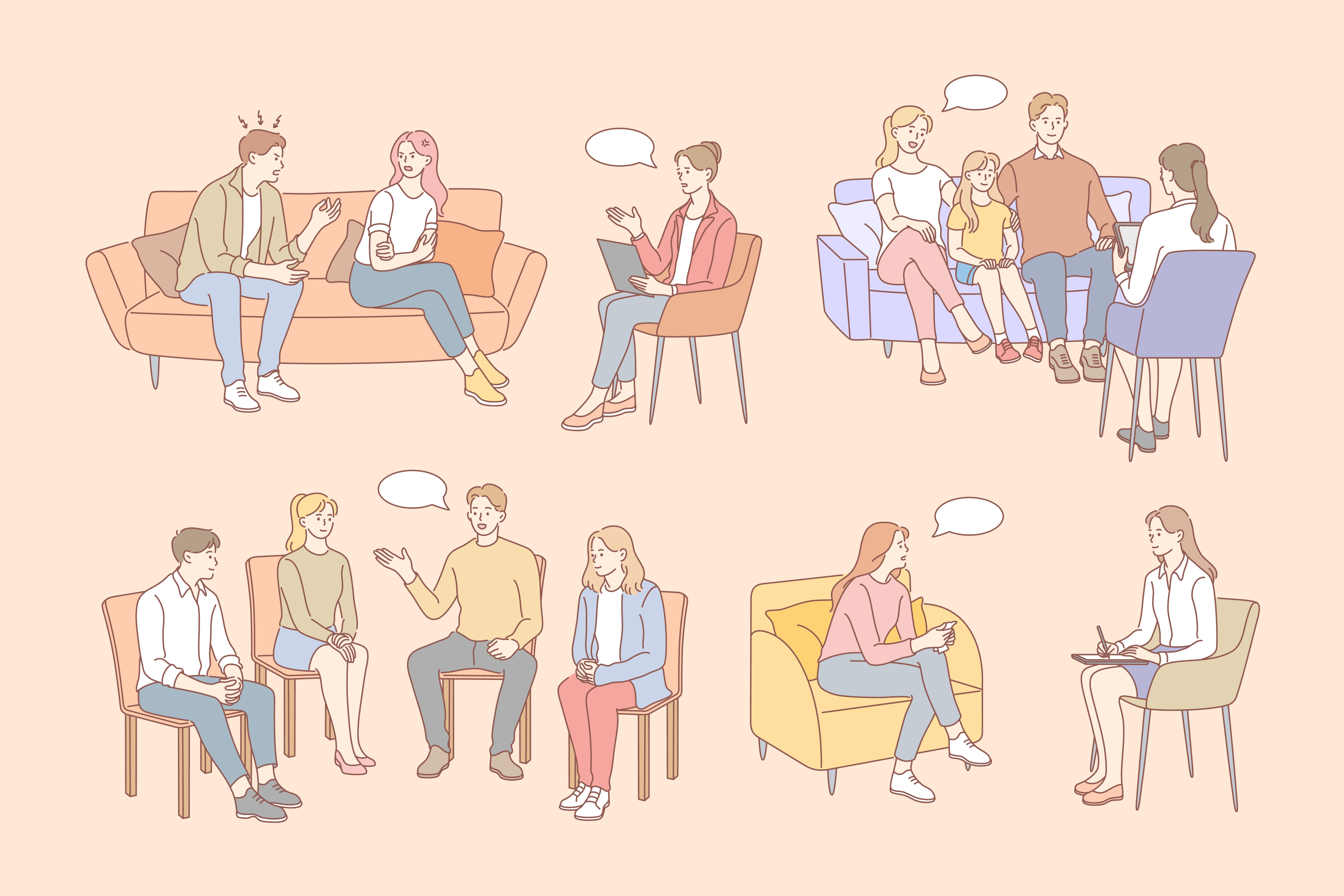 tegning af forskellige samtalesituationer